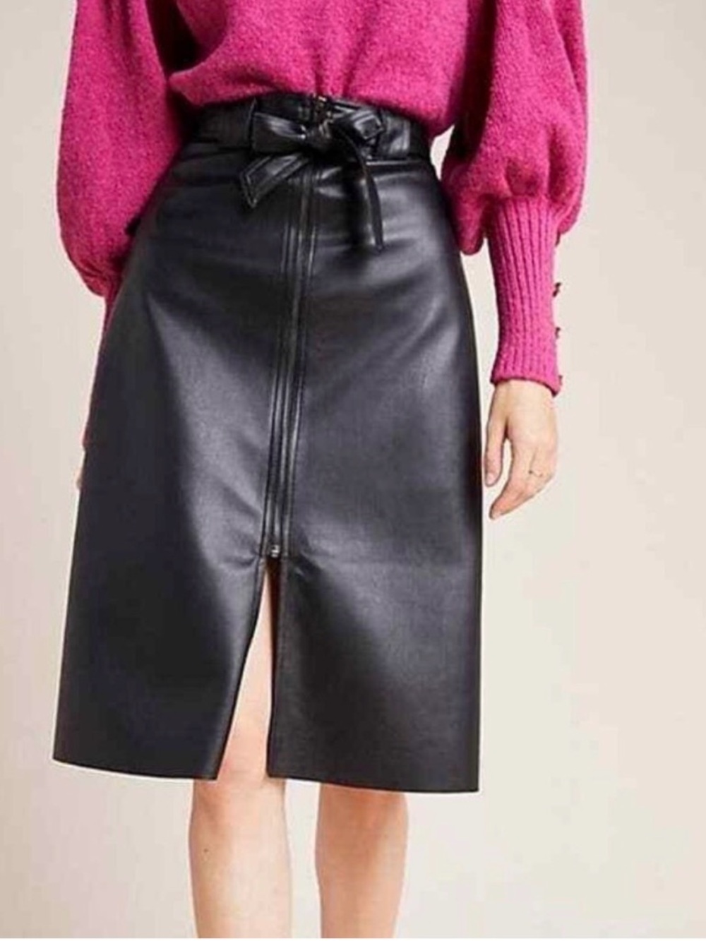 NWT Bailey 44 Black Faux Leather High-Waist Pencil Skirt with Front Slit